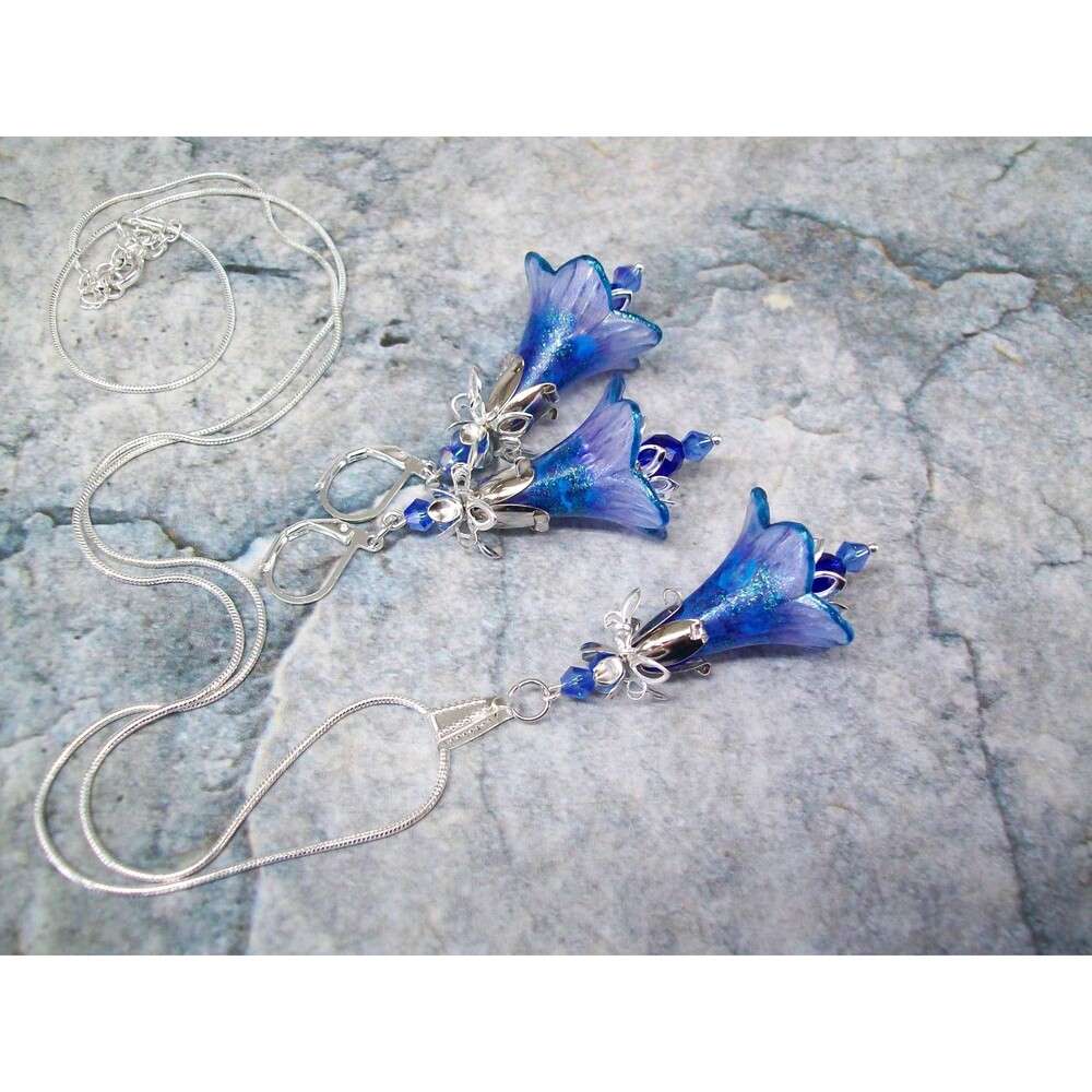 Flower Earrings & Matching Necklace, Blue, Silver, Hand Painted, Artisan Crafted